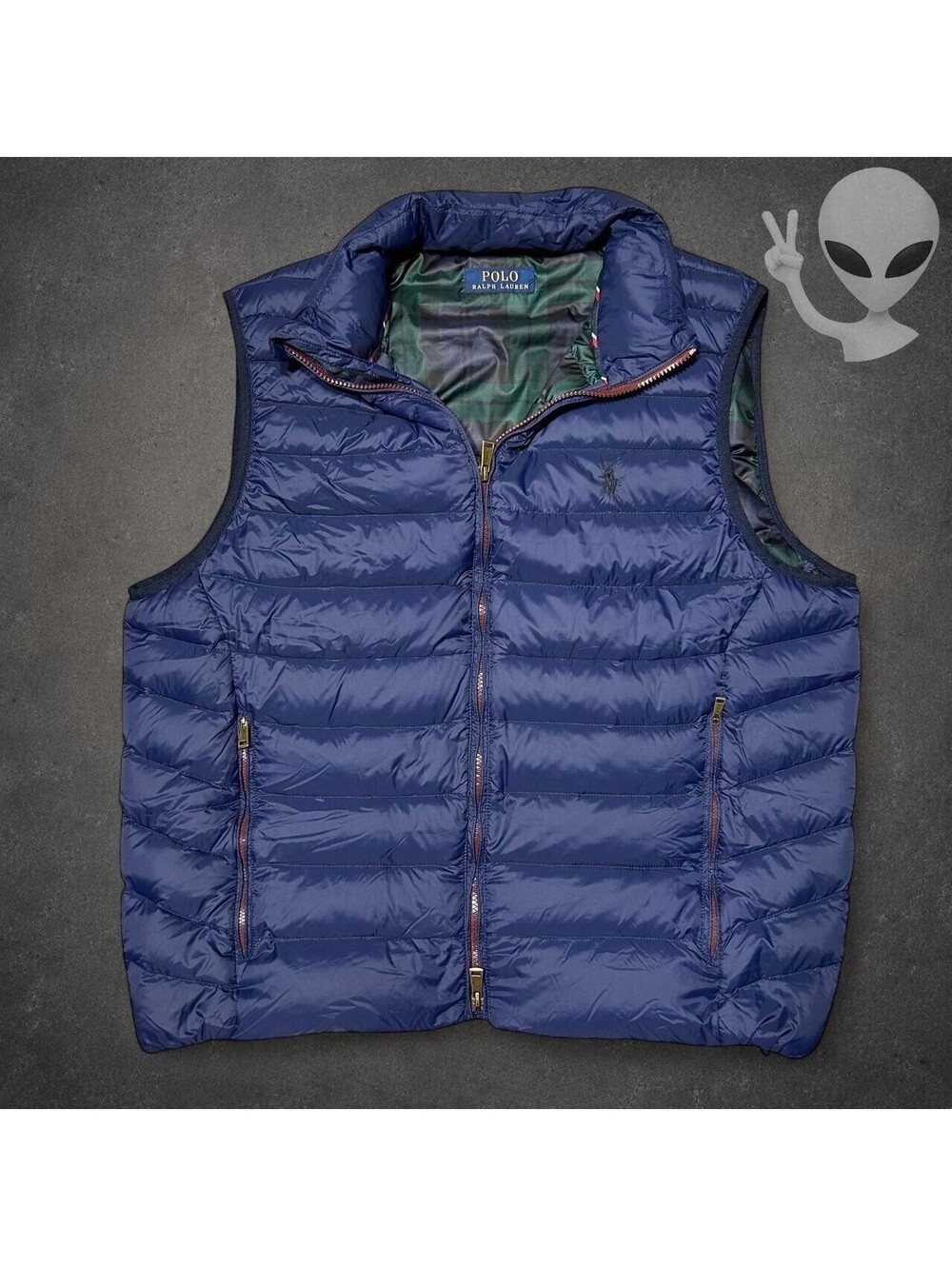 Polo Ralph Lauren Puffer Vest Mens US XL Navy Blue Plaid Lined Double Zip